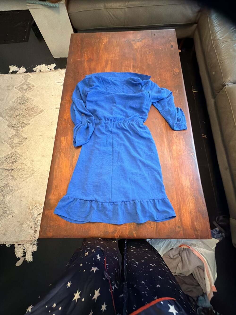 Luxology Blue Long Sleeve Belted Ruffle Hem Shirt Dress Size L - Picture 6 of 6